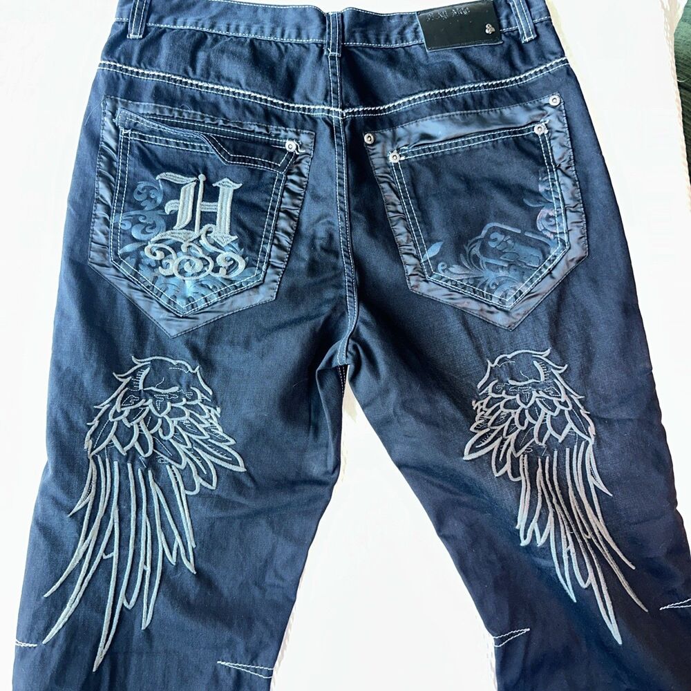 Play Bigg Jeans Mens 36 Black Wing Graphic Embroidered Baggy Skater Y2K Black